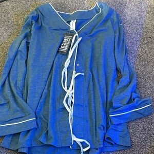 2 Piece Pajamas Set Blue Long Sleeve Top with White Trim with the Blue pants